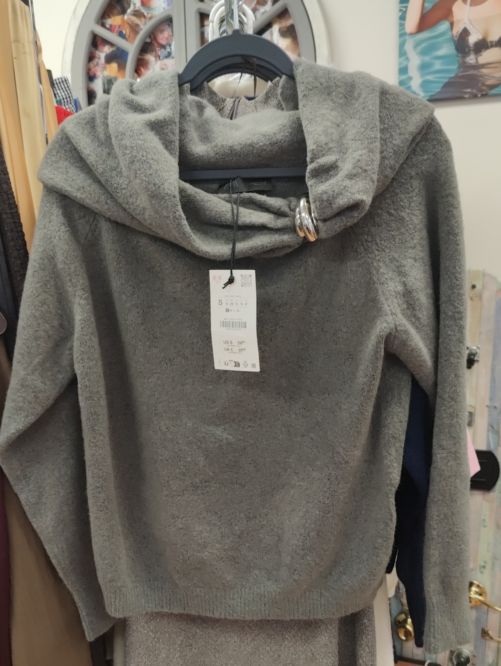 Zara Women's Draped Cowl Neck Sweater in Light Gray